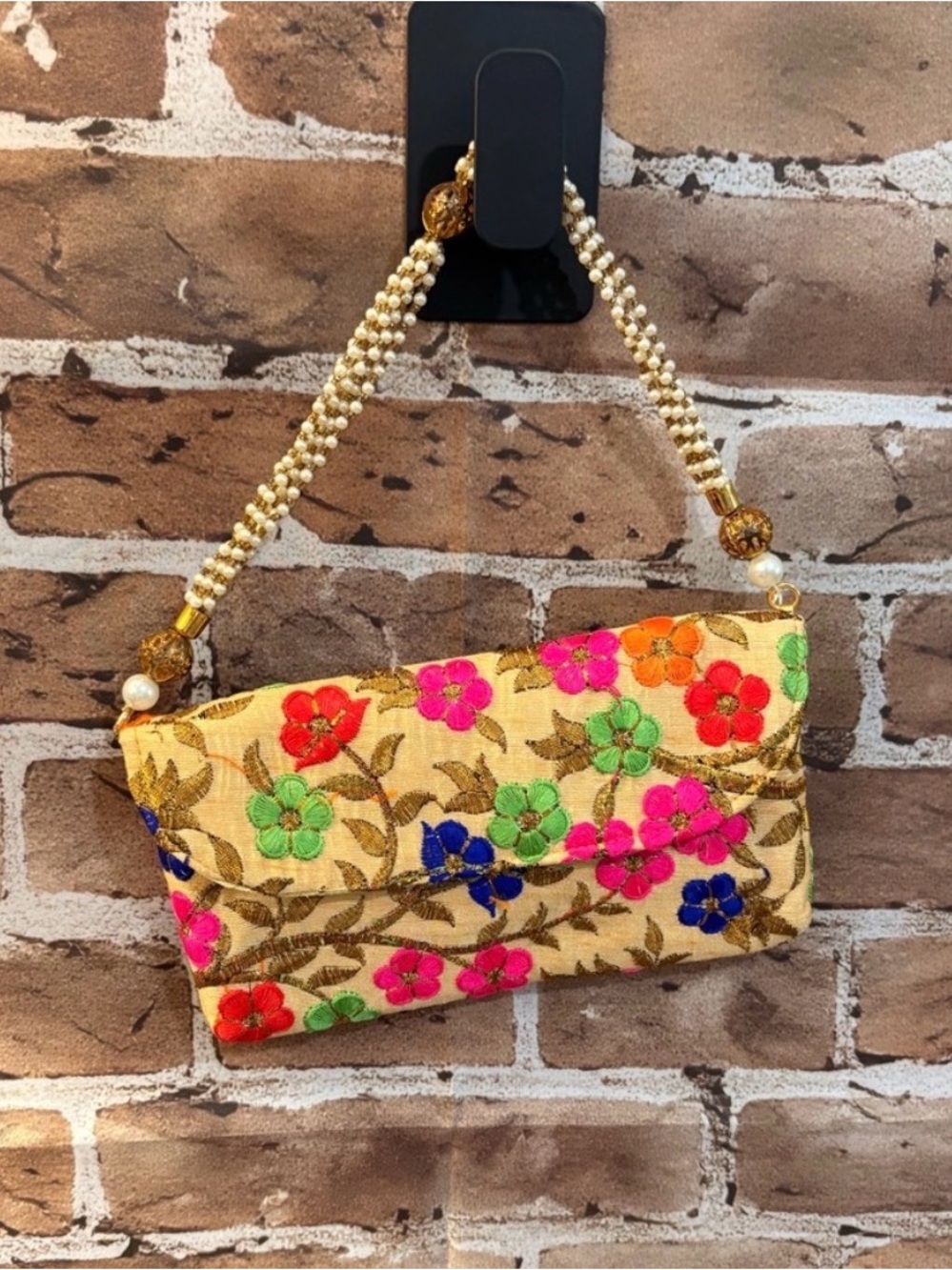 Gold Embroidered Floral Clutch with Beaded Handle